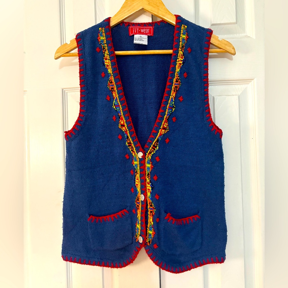 Vintage Silk Cotton Blend Rare Corky Fun Western Beaded Vest - Women's Small